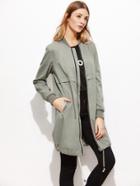 Shein Green Ribbed Trim Drawstring Hem Longline Bomber Jacket