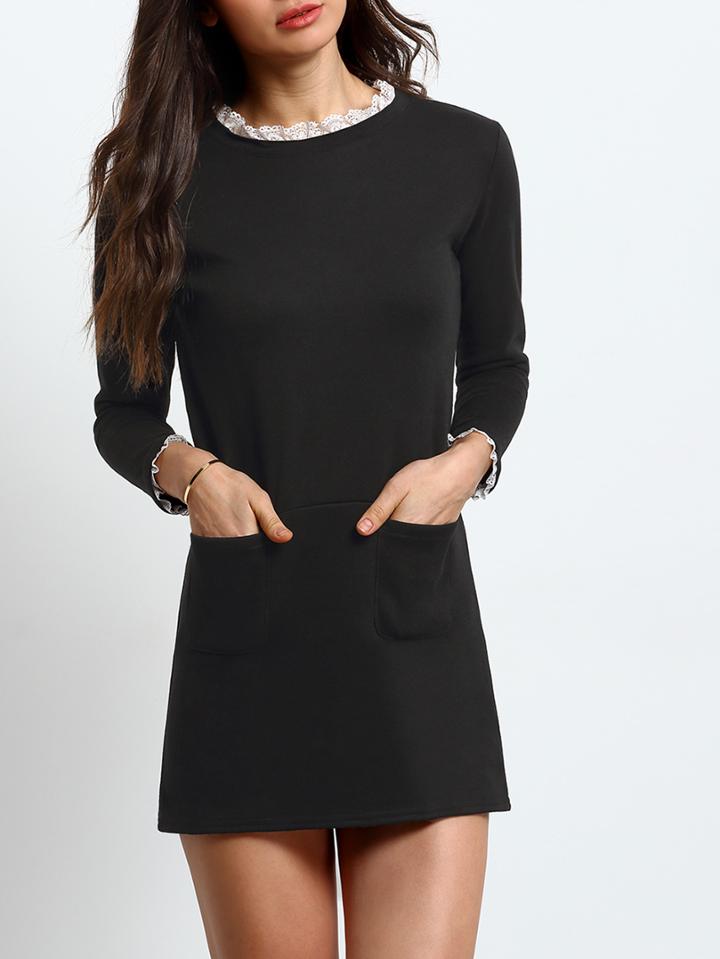 Shein Black Lace Collar Pockets Straight Dress