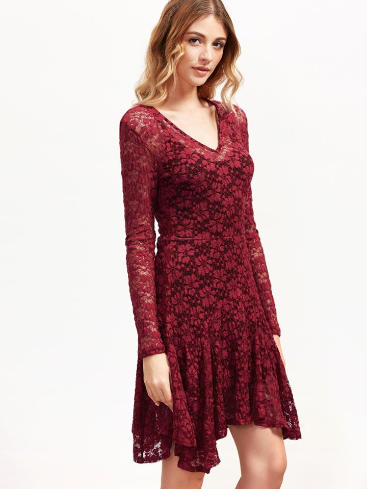Shein Burgundy Floral Lace Asymmetric Dress With Cami
