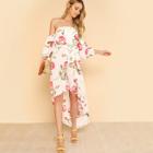 Shein Off Shoulder Gathered Sleeve High Low Floral Dress