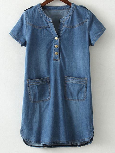 Shein Blue Pockets Buttons Front Dip Hem Denim Dress