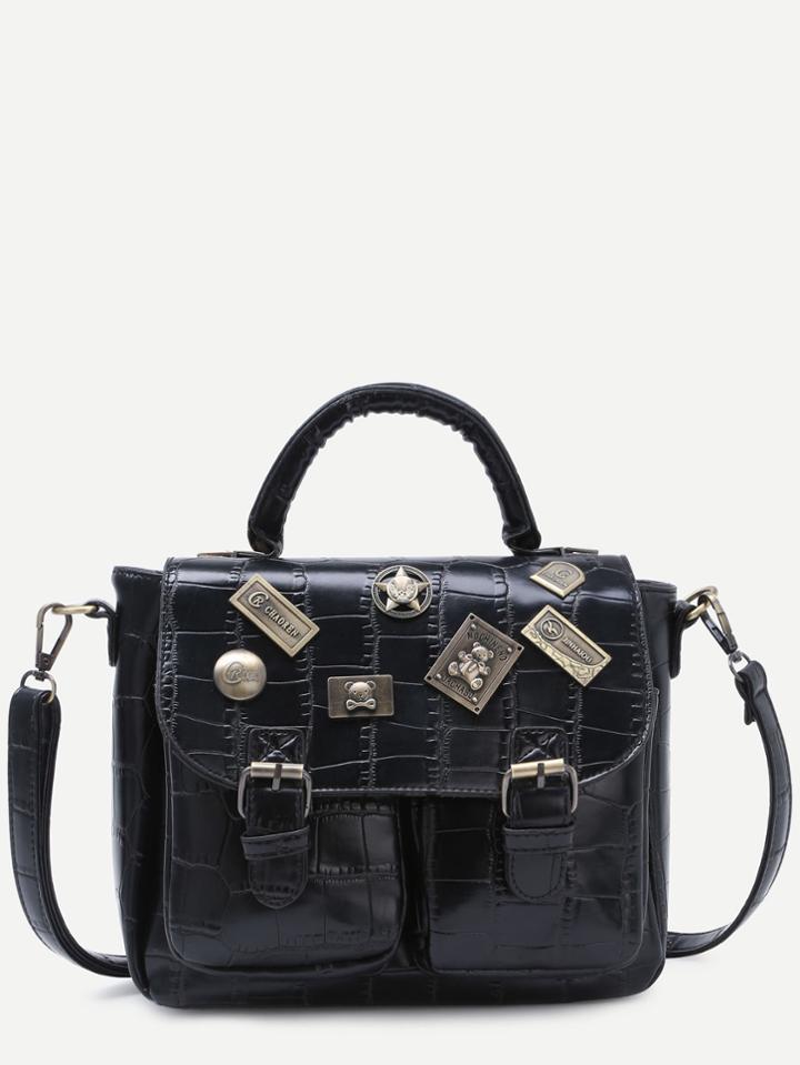 Shein Black Embossed Metal Charm Studded Satchel Bag