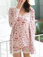 Shein Contrast Lace Calico Print Cami Pajama Set With Robe