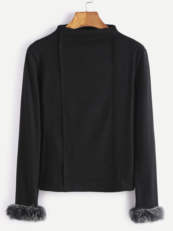 Shein Black Mock Neck Contrast Faux Fur Cuff T-shirt