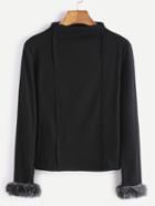Shein Black Mock Neck Contrast Faux Fur Cuff T-shirt