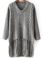 Shein Grey V Neck Tassel Cable Knit Sweater