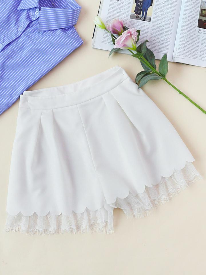 Shein Lace Trim Scallop Hem Tailored Pleated Shorts