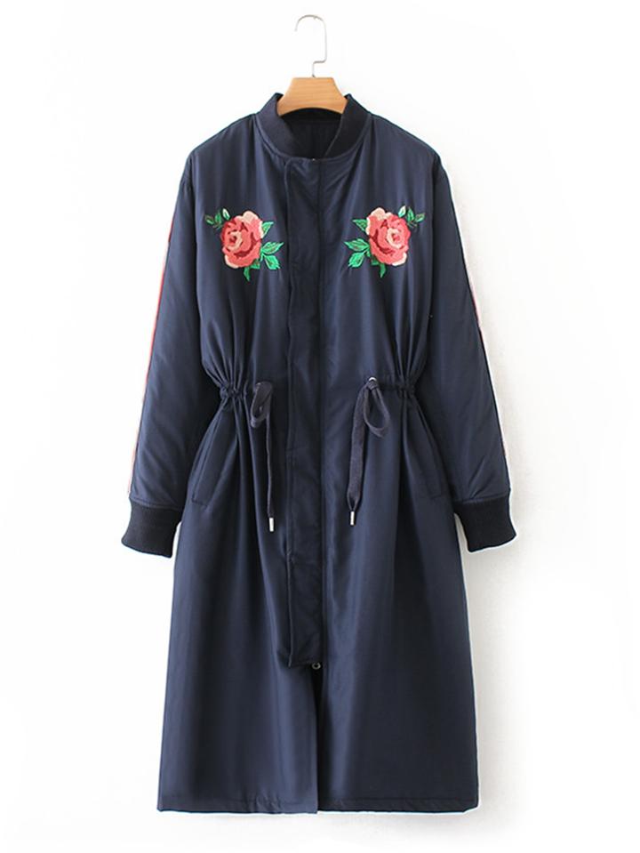 Shein Flower Embroidery Drawstring Waist Longline Jacket