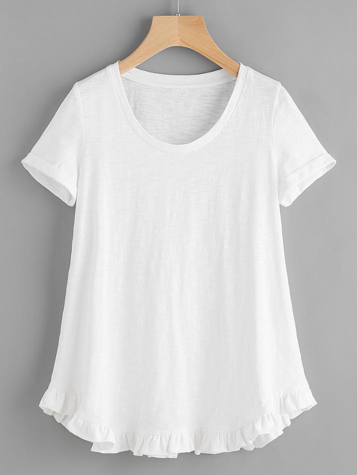Shein Roll Cuff Ruffle Trim Slub T-shirt