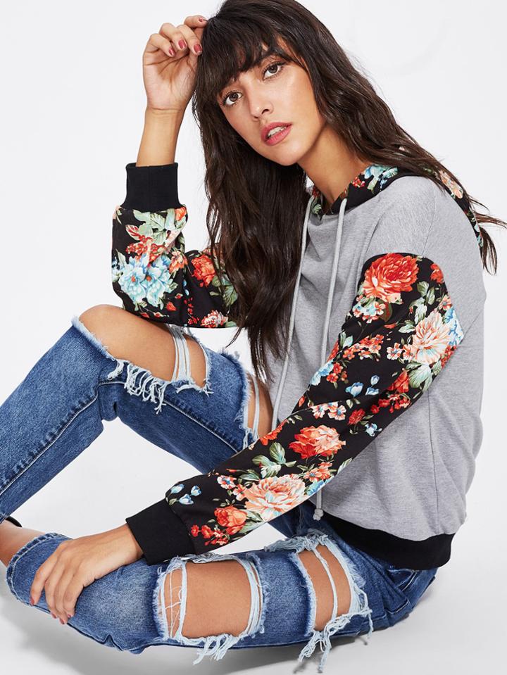 Shein Floral Sleeve And Hood Heather Knit Sweatshirt