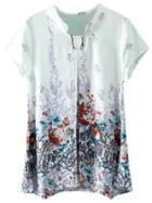 Shein Multicolor Short Sleeve Band Collar Print Blouse