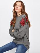 Shein 3d Rose Applique Heather Knit Pullover