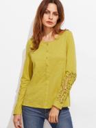 Shein Mustard Button Front Embroidered Lace Sleeve Slub T-shirt