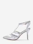 Shein Silver Metallic T-strap Studded High Stiletto Pumps