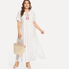 Shein Plus Tassel Tie Neck Embroidered Dress