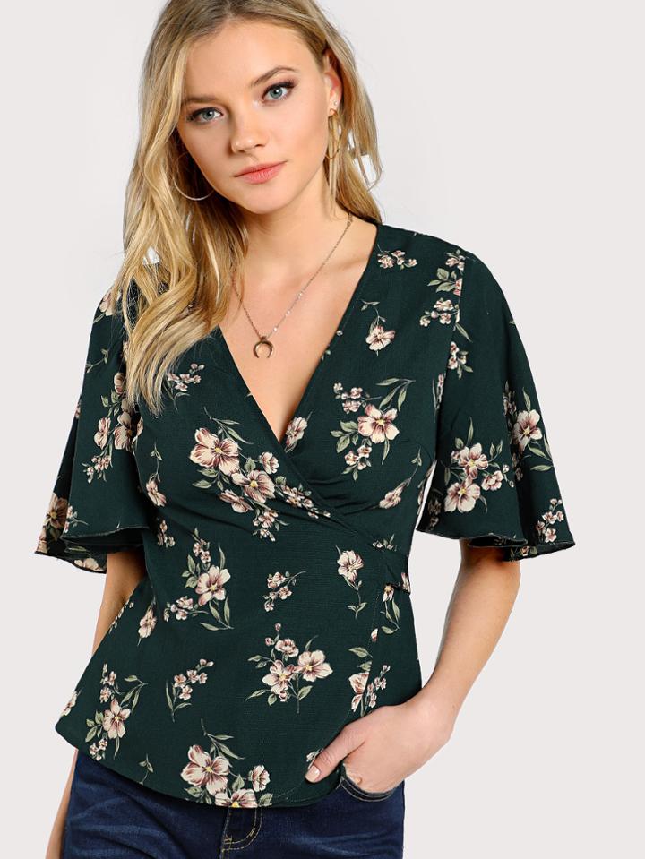 Shein Flower Print Surplice Wrap Top