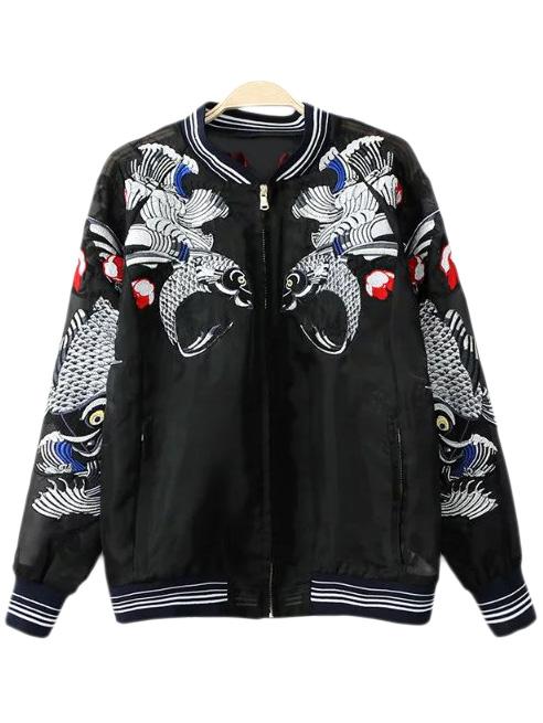 Shein Black Pockets Fish Embroidery Organza Jacket
