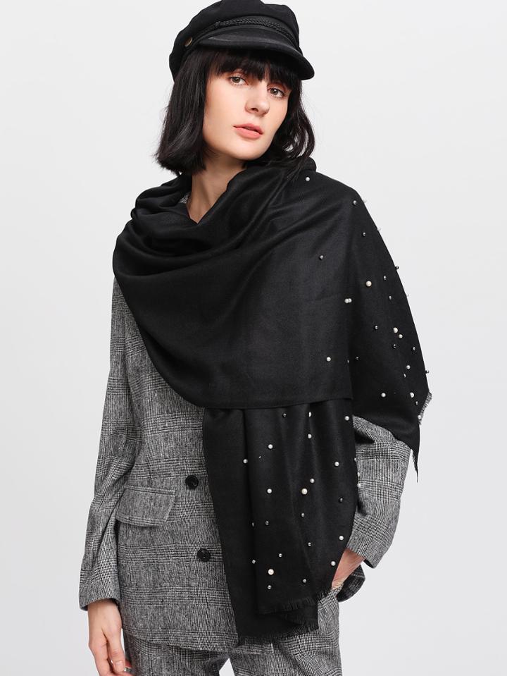 Shein Frayed Trim Faux Pearl Scarf
