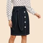 Shein Button Up Contrast Stitch Belted Skirt