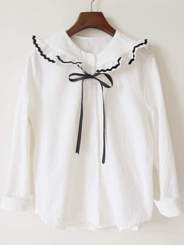 Shein White Ruffle Collar Long Sleeve Loose Blouse