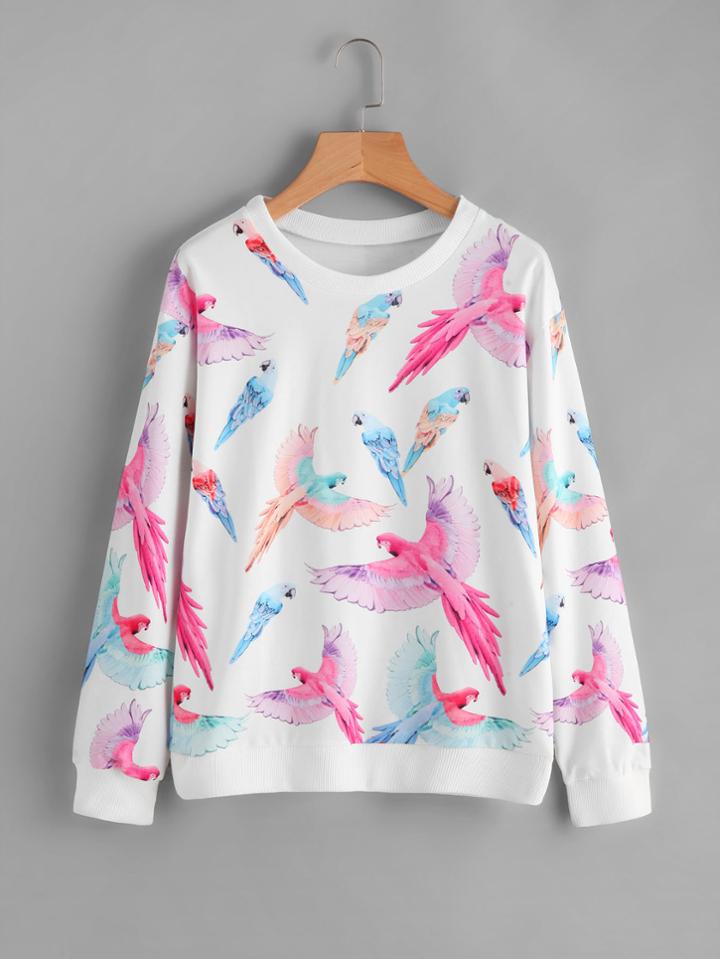 Shein Random Parrot Print Ribbed Trim Sweatshirt