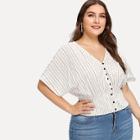 Shein Plus Batwing Sleeve Shirred Hem Button Up Striped Blouse