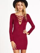 Shein Burgundy Suede Lace Up V Neck Bodycon Dress