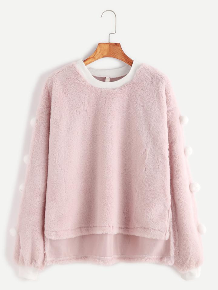 Shein Contrast Trim Pom Pom High Low Velvet Sweatshirt