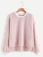 Shein Contrast Trim Pom Pom High Low Velvet Sweatshirt