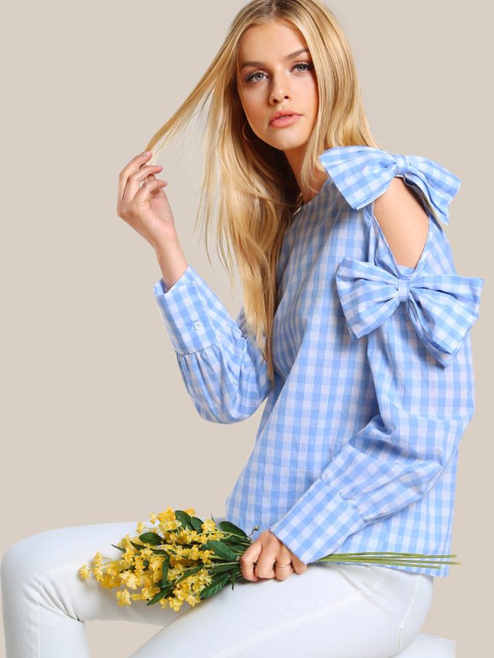Shein Exaggerate Bow Embellished Cutout Sleeve Gingham Blouse