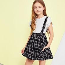 Shein Girls Grid Print Flare Skirt With Thick Strap