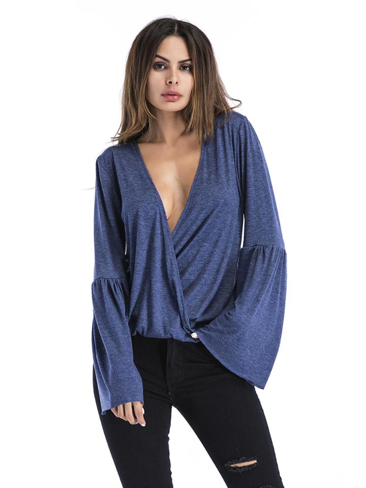 Shein Surplice Neckline Flounce Sleeve Marled Tee