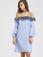 Shein Contrast Frill Bardot Tiered Flute Sleeve Striped Dress