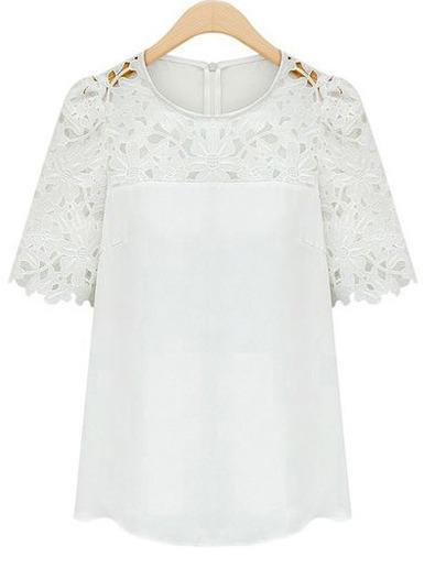 Shein White Short Sleeve Hollow Lace Blouse