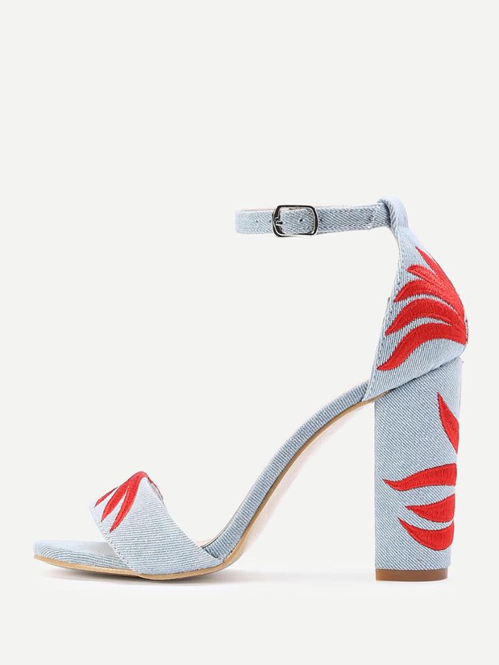Shein Embroidery Detail Two Part Block Heeled Denim Sandals
