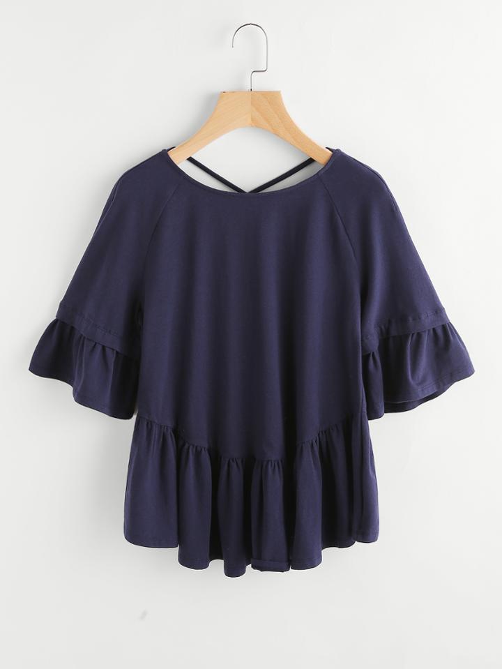 Shein Crisscross Back Raglan Sleeve Frill T-shirt