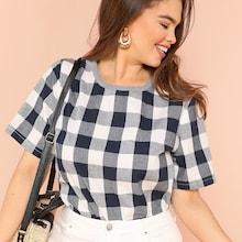 Shein Plus Short Sleeve Gingham Print Top
