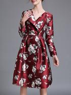 Shein Red Lapel Flowers Print Dress