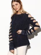 Shein Navy Distressed Denim Look Ripped Raglan Sleeve T-shirt