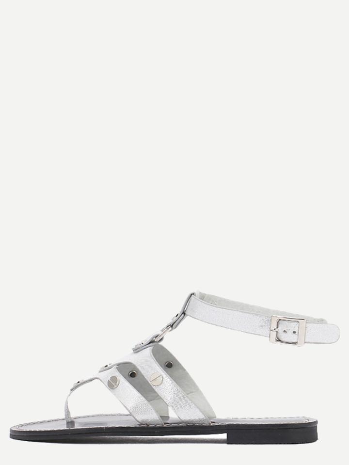 Shein Silver Faux Leather Studded Thong Sandals