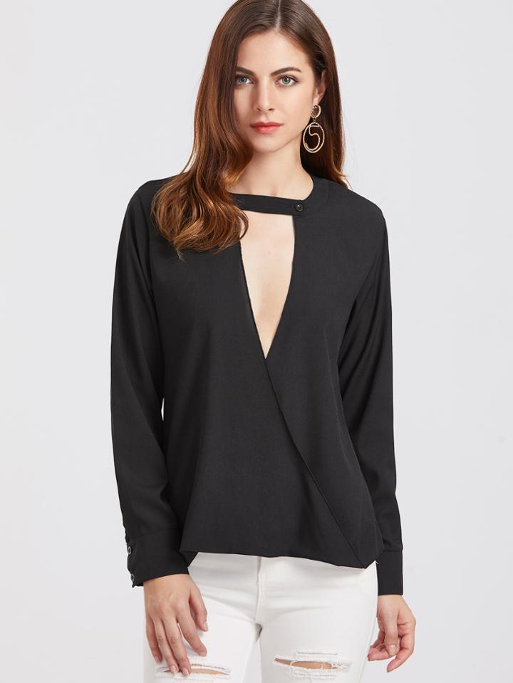 Shein Black Deep V Neck Wrap Blouse