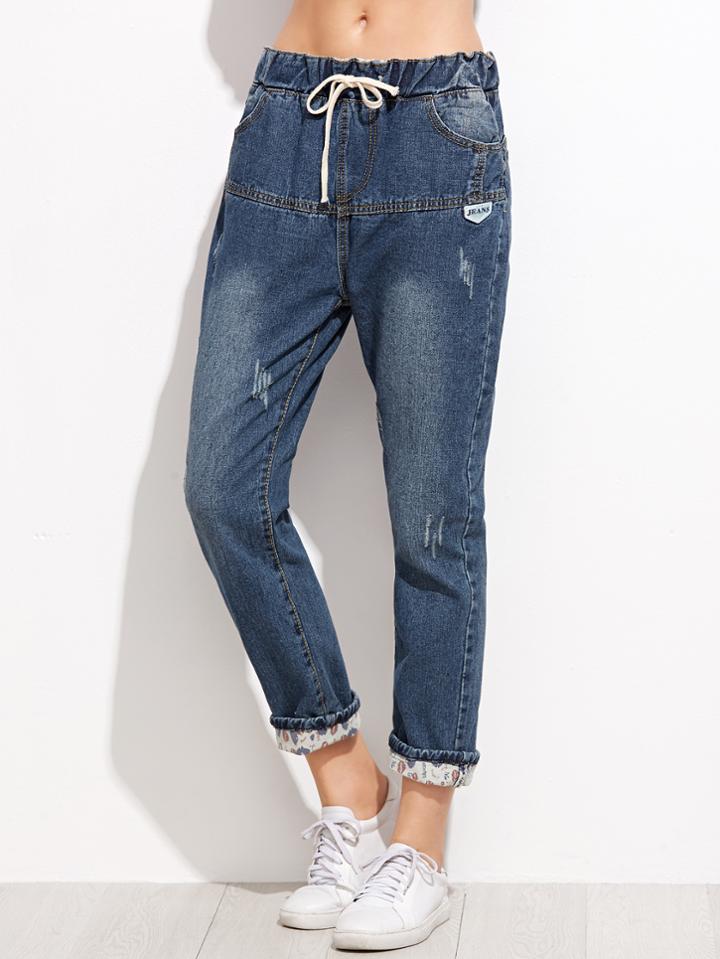 Shein Dark Blue Drawstring Cuffed Jeans