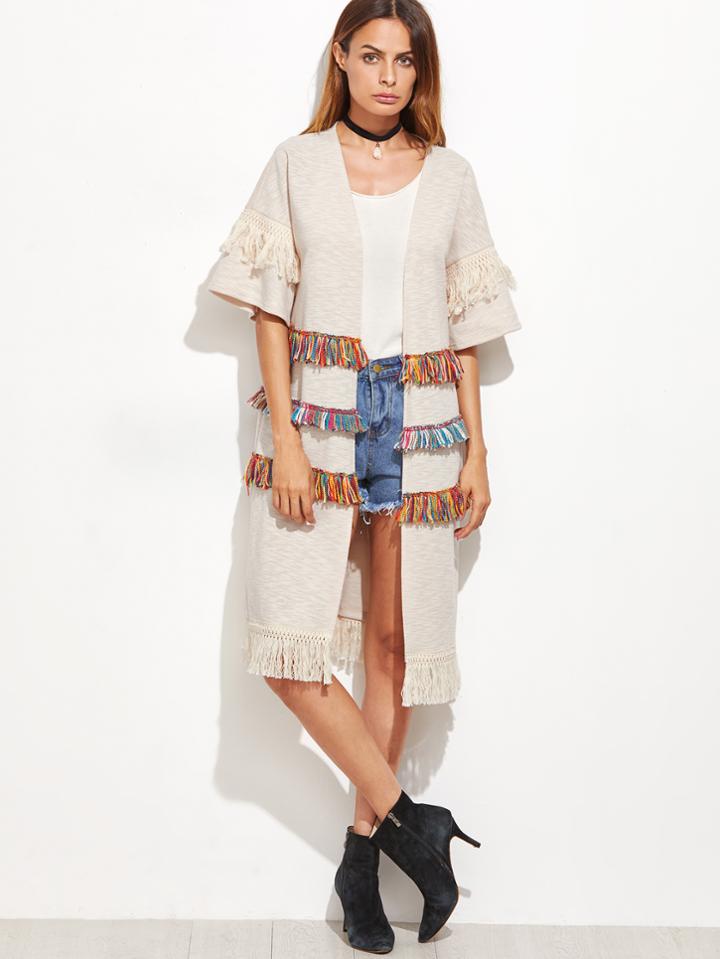 Shein Apricot Heathered Fringe Trim Open Front Coat