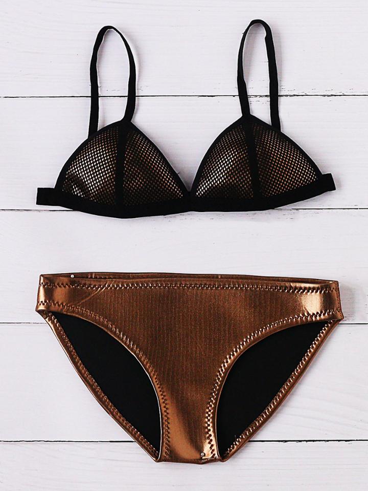 Shein Coffee Mesh Detail Triangle Bikini Set