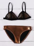 Shein Coffee Mesh Detail Triangle Bikini Set