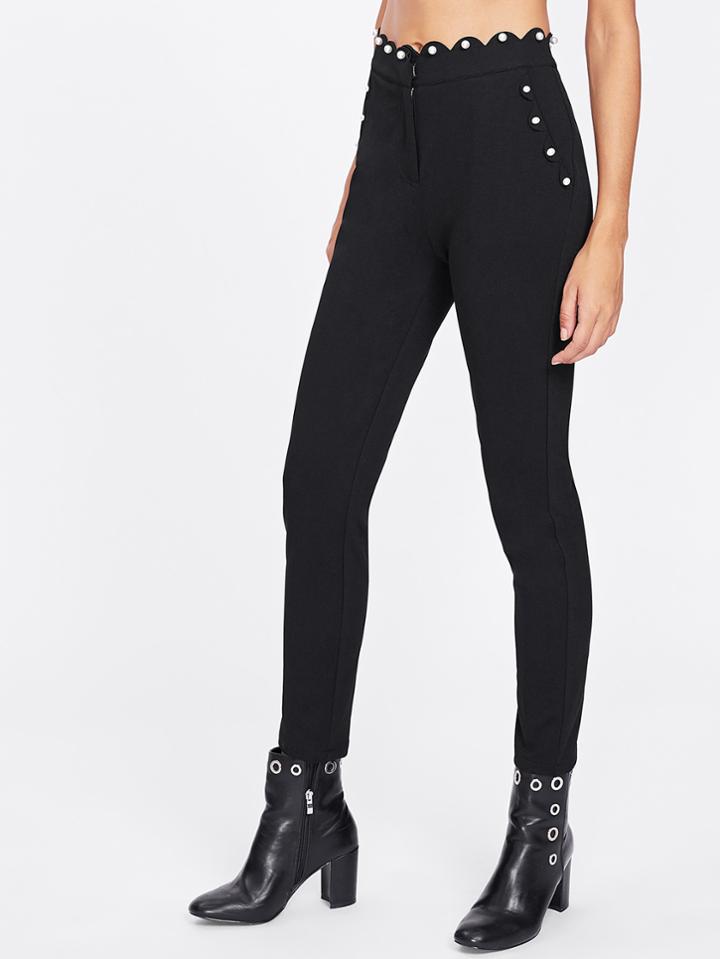 Shein Scalloped Waist Pearl Beading Pants