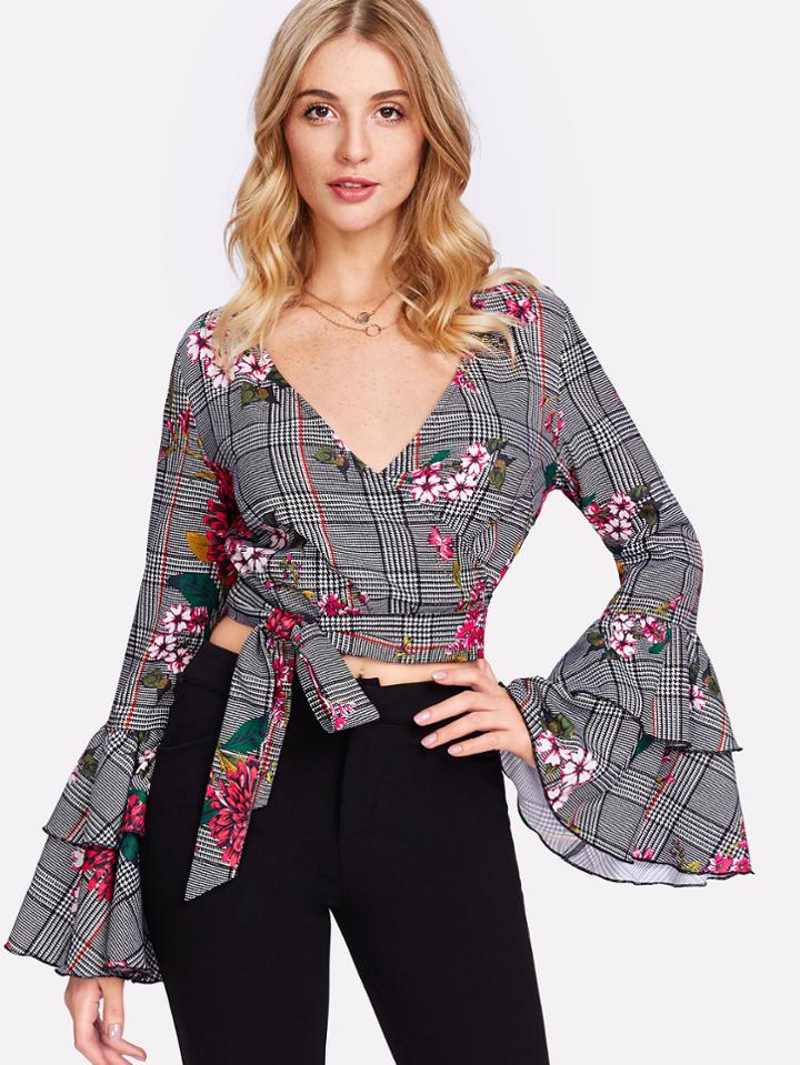Shein Layered Trumpet Sleeve Floral Wrap Top