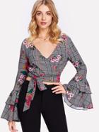 Shein Layered Trumpet Sleeve Floral Wrap Top