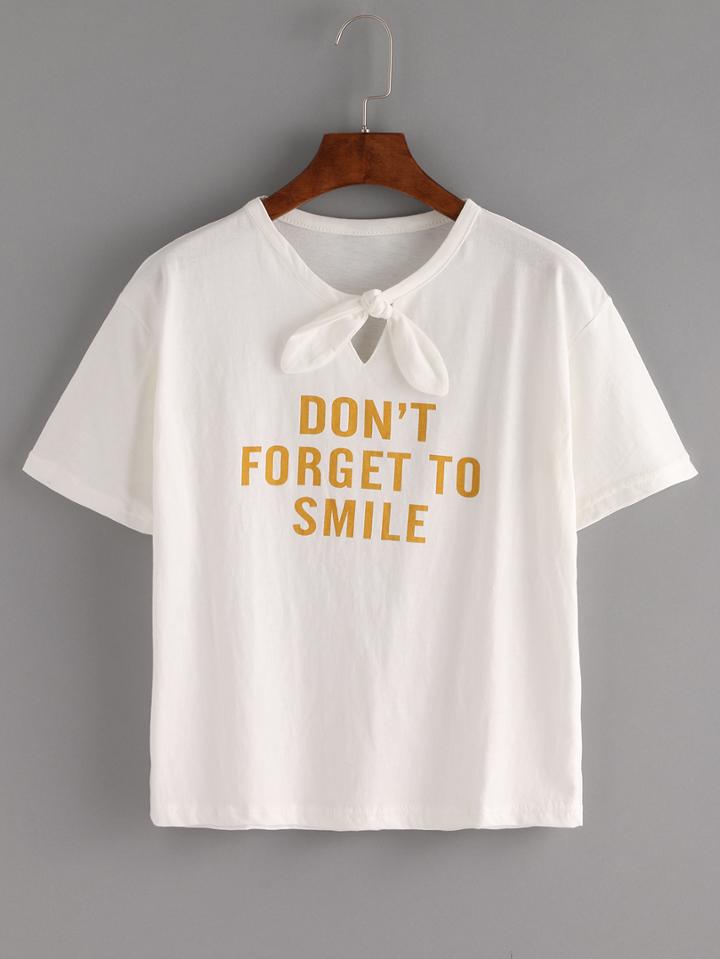 Shein Tie-neck Letter Print T-shirt - White
