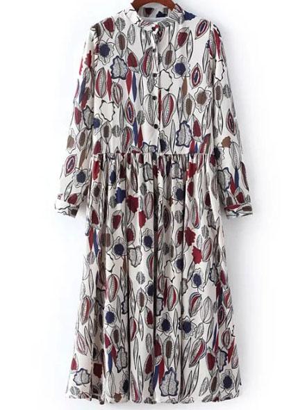 Shein Stand Collar Leaves Print Shirt Dress